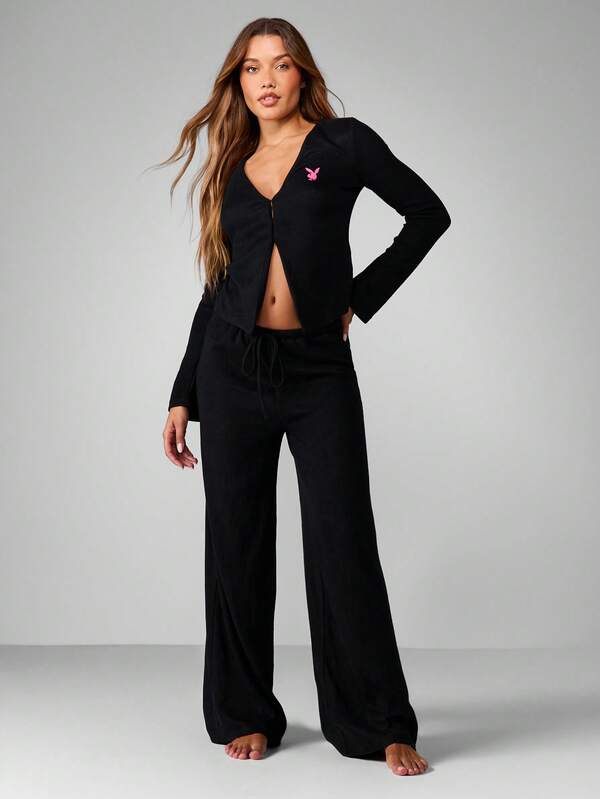 Missguided Missguided X Playboy Ribbed V-Neck Cardigan With Wide Leg Pants