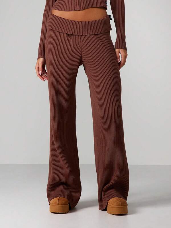 Missguided Missguided X Playboy Ribbed Wide Leg Pants With Fold Over Waistband