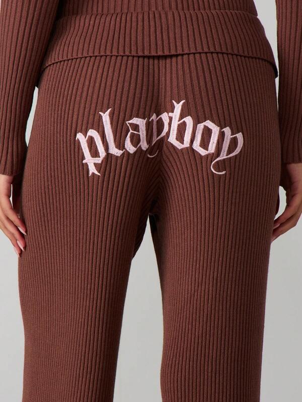 Missguided Missguided X Playboy Ribbed Wide Leg Pants With Fold Over Waistband
