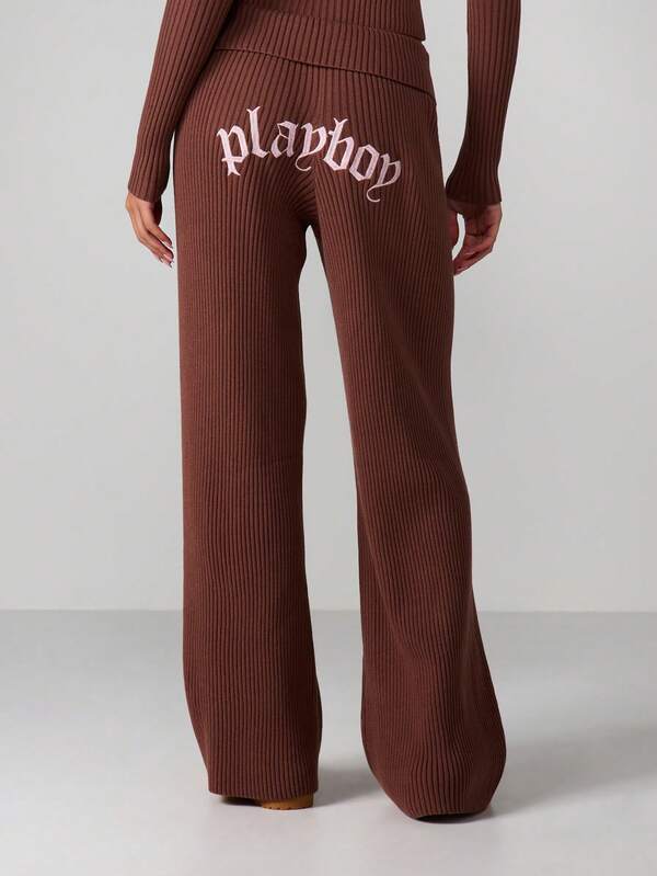 missguided Missguided x Playboy Ribbed Wide Leg Pants With Fold Over Waistband