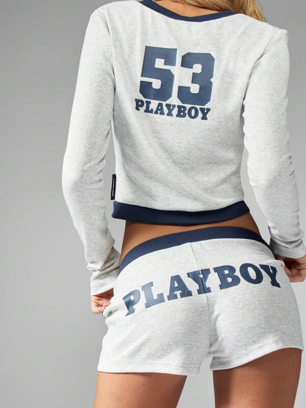 Missguided Missguided X Playboy Ribbed Zip-Up Crop Top High-Waist Shorts Two Piece Set