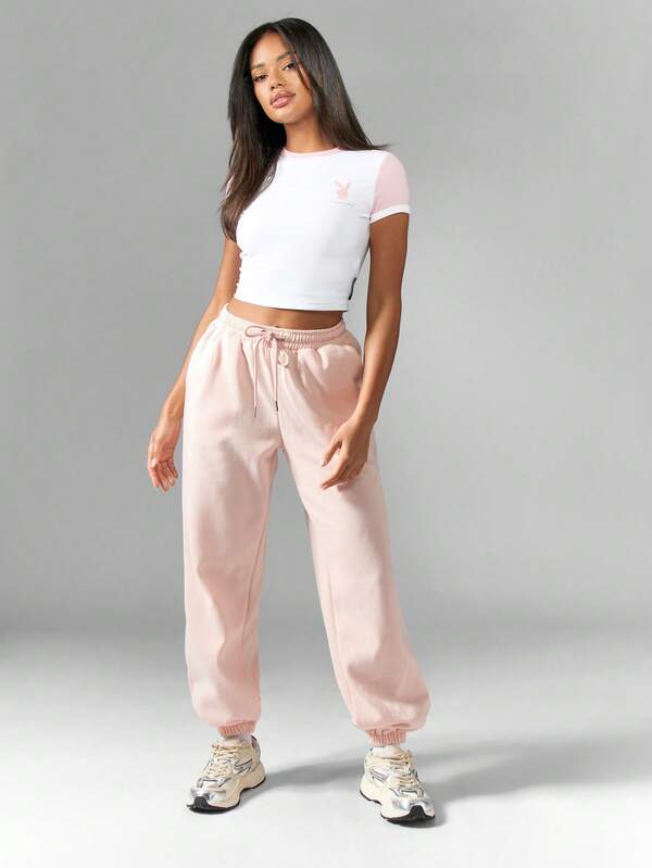 Missguided Missguided X Playboy Ringer Baby Tee Short Sleeve Fitted Crop Top Basic T-Shirt