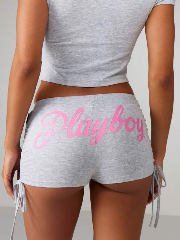 missguided Missguided x Playboy Ruched Side Detail Hot Pants With Print