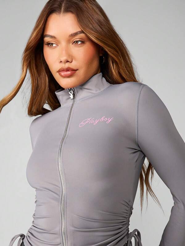 Missguided Missguided X Playboy Ruched Zip Jacket And Shorts Set