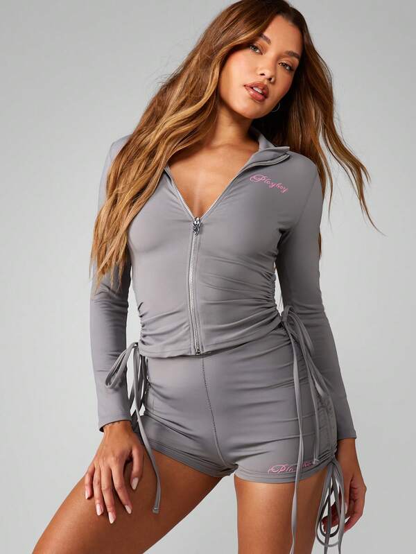 missguided Missguided x Playboy Ruched Zip Jacket And Shorts Set