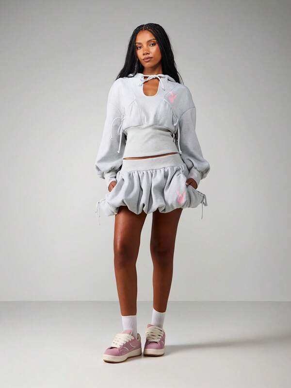 Missguided Missguided X Playboy Ruffle Hem Drawstring Shorts With Pink Logo