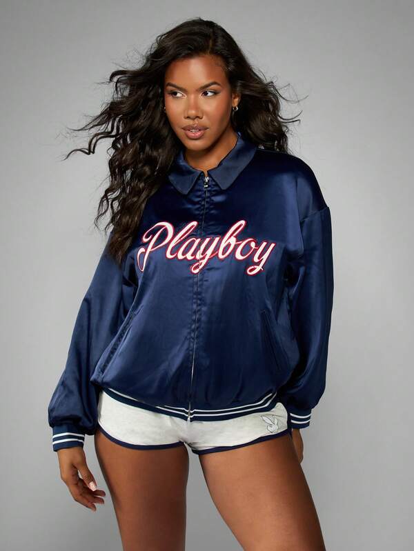missguided Missguided x Playboy Satin Varsity Bomber Jacket With Ribbed Trim