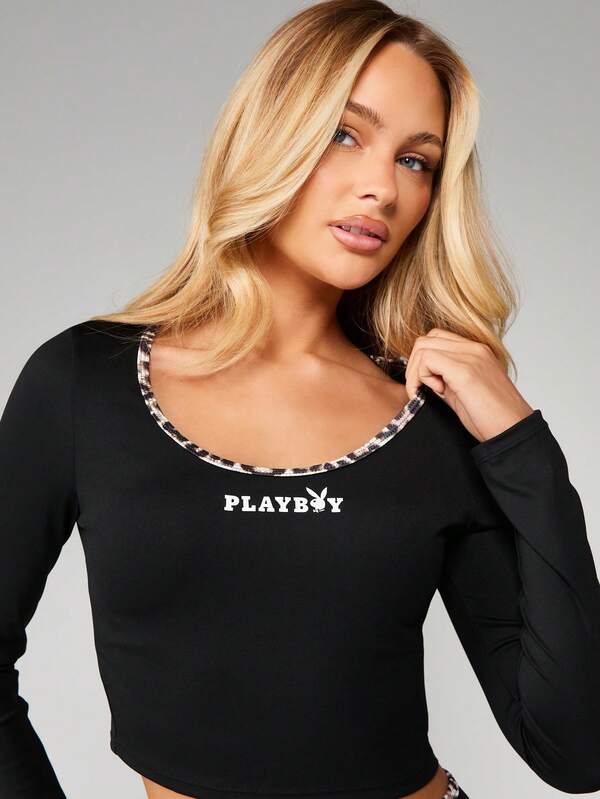 missguided Missguided x Playboy Scoop Neck Crop Top With Leopard Trim