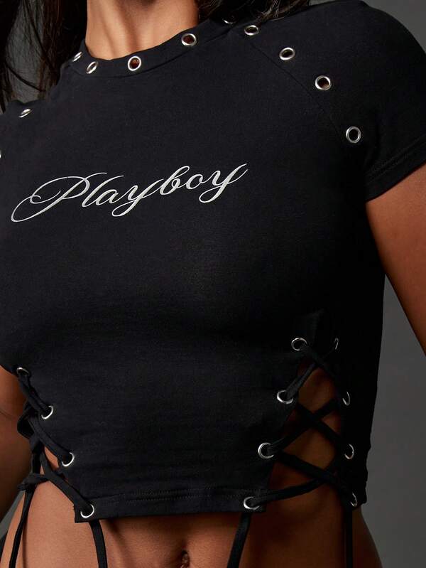 Missguided Missguided X Playboy Script Print Eyelet Lace Up Crop Tee