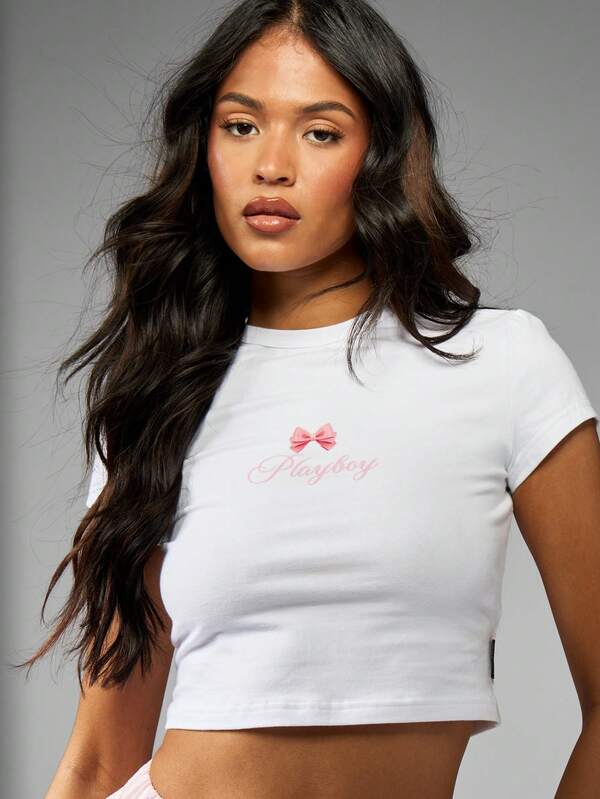 Missguided Missguided X Playboy Short Sleeve Crop Fitted Basic Bow Print Women T-Shirts