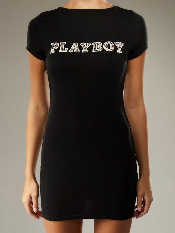 Missguided Missguided X Playboy Short Sleeve Fitted Mini Dress With Applique Logo