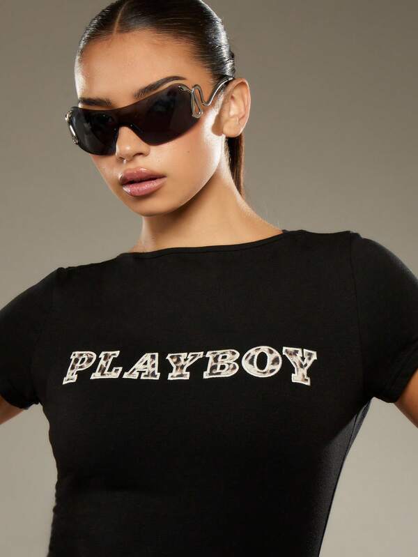 Missguided Missguided X Playboy Short Sleeve Fitted Mini Dress With Applique Logo