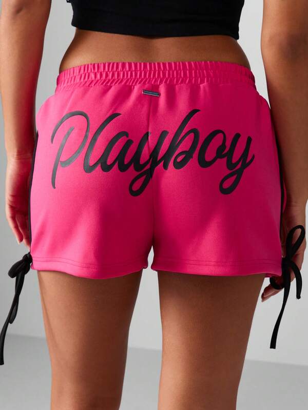 missguided Missguided x Playboy Side Tie Shorts With Logo Print