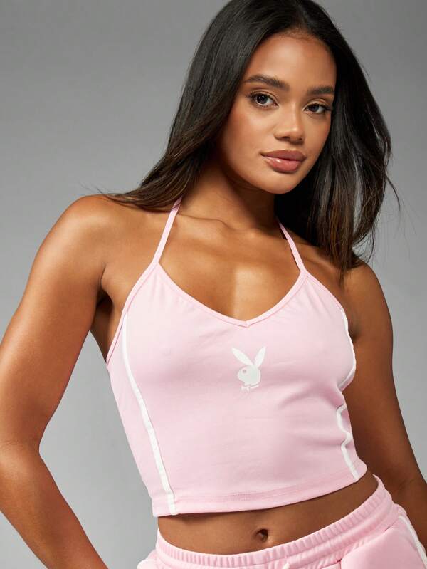 Missguided Missguided X Playboy Signature Logo Halter Neck Crop Tank Top
