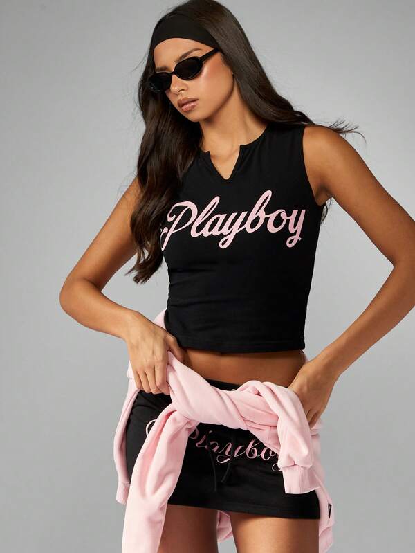 Missguided Missguided X Playboy Sleeveless Notch Neck Crop Tank With Logo Print
