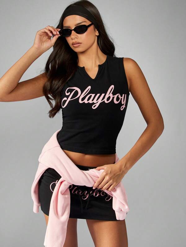 missguided Missguided x Playboy Sleeveless Notch Neck Crop Tank With Logo Print