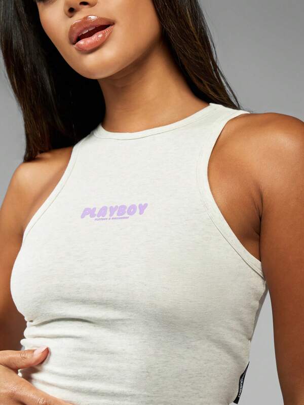 Missguided Missguided X Playboy Sleeveless Racer Back Crop Length High Neck White Tank Top