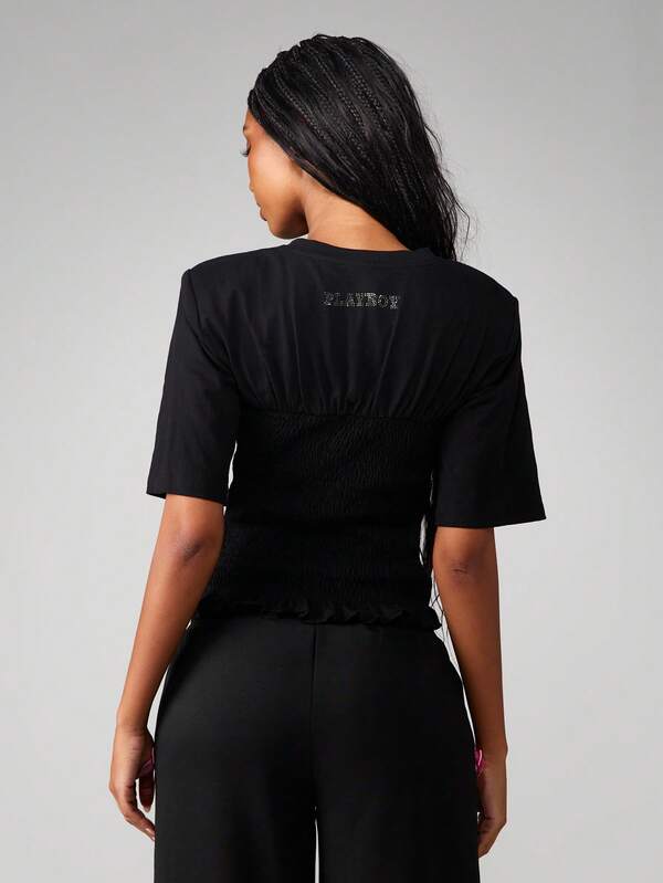 Missguided Missguided X Playboy Smocked T-Shirt With Ruffle Hem