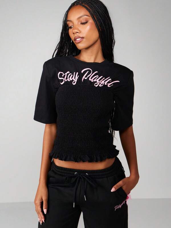 Missguided Missguided X Playboy Smocked T-Shirt With Ruffle Hem