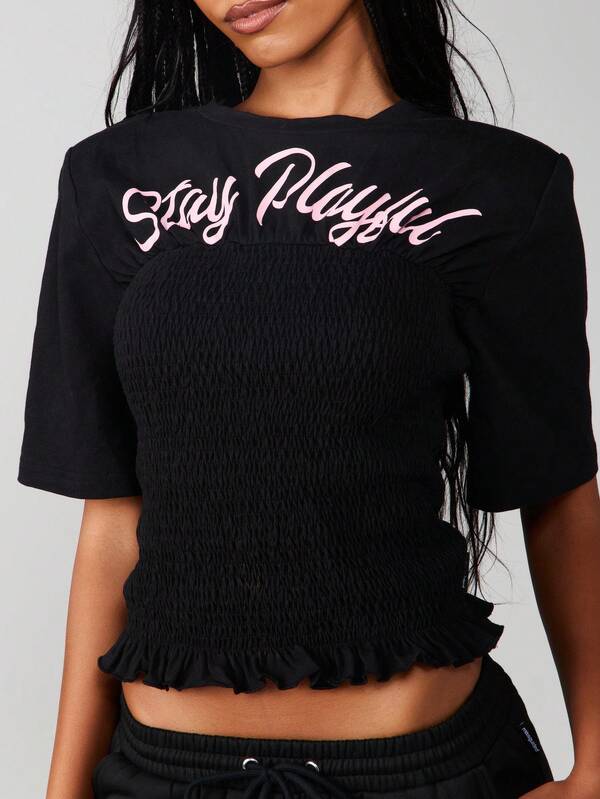 missguided Missguided x Playboy Smocked T-Shirt With Ruffle Hem