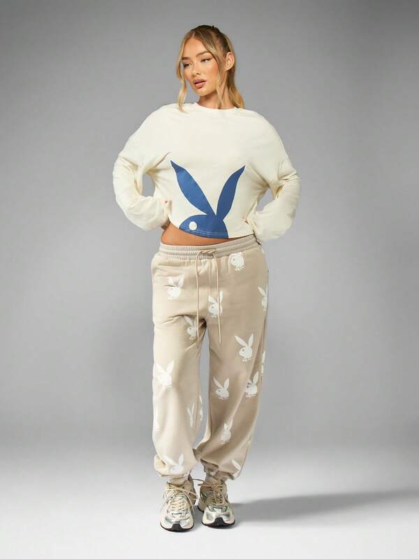 Missguided Missguided X Playboy Soft Jersey Graphic Bunny Logo Crop Long Sleeve Top