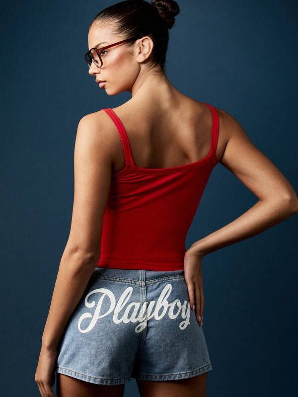 Missguided Missguided X Playboy Square Neck Cropped Tank Top With Logo Print