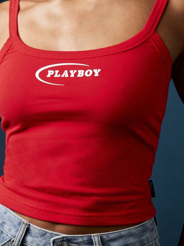 Missguided Missguided X Playboy Square Neck Cropped Tank Top With Logo Print