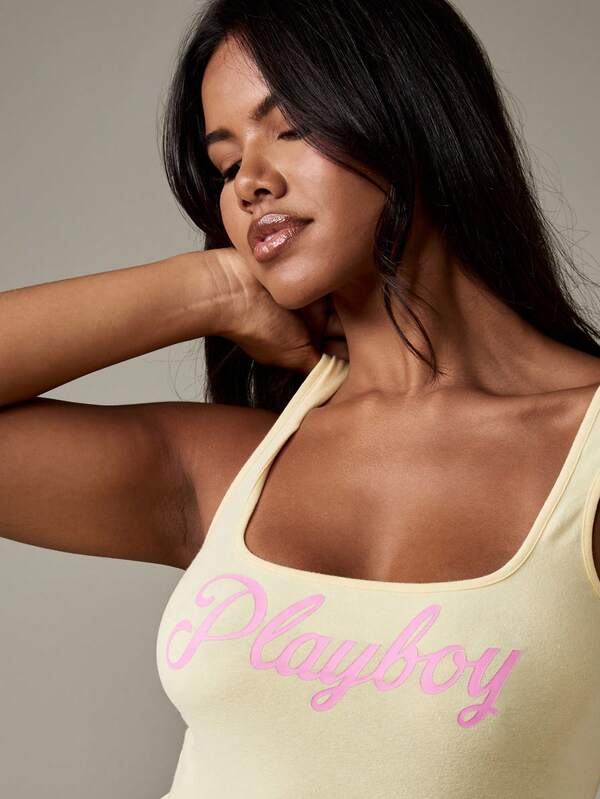 Missguided Missguided X Playboy Square Neck Mini Bodycon Dress With Logo Print