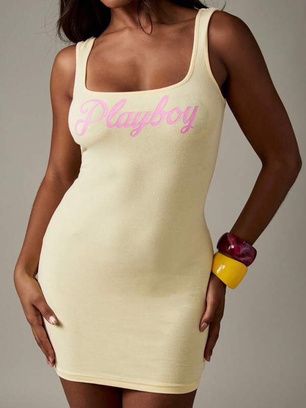missguided Missguided x Playboy Square Neck Mini Bodycon Dress With Logo Print