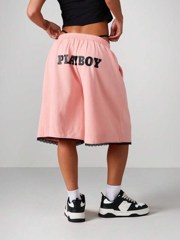 Missguided Missguided X Playboy Statement Basketball Shorts With Lace Trim
