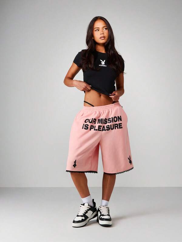Missguided Missguided X Playboy Statement Basketball Shorts With Lace Trim