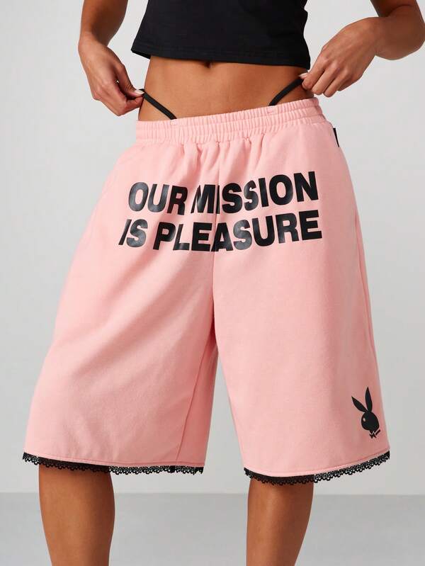missguided Missguided x Playboy Statement Basketball Shorts With Lace Trim