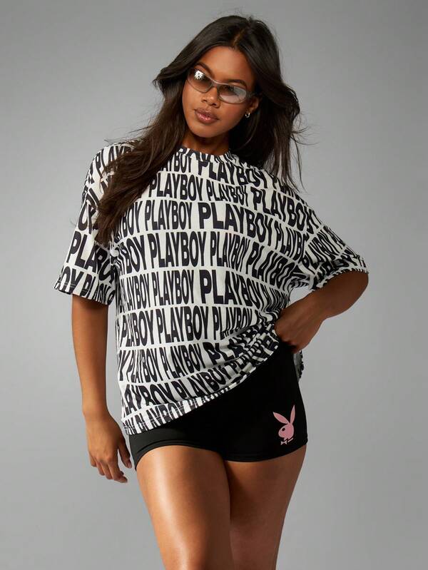 Missguided Missguided X Playboy Statement Design All Over Print Oversized Short Sleeve T-Shirt