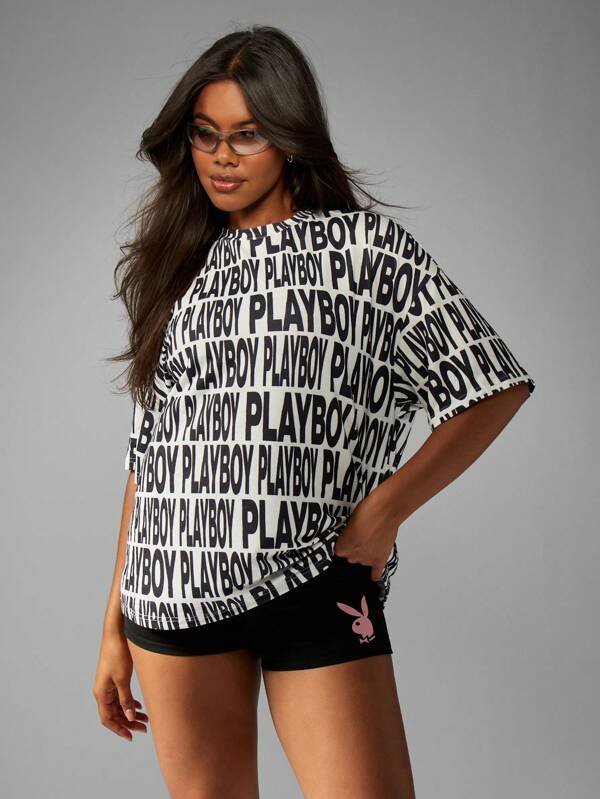 missguided Missguided x Playboy Statement Design All Over Print Oversized Short Sleeve T-Shirt