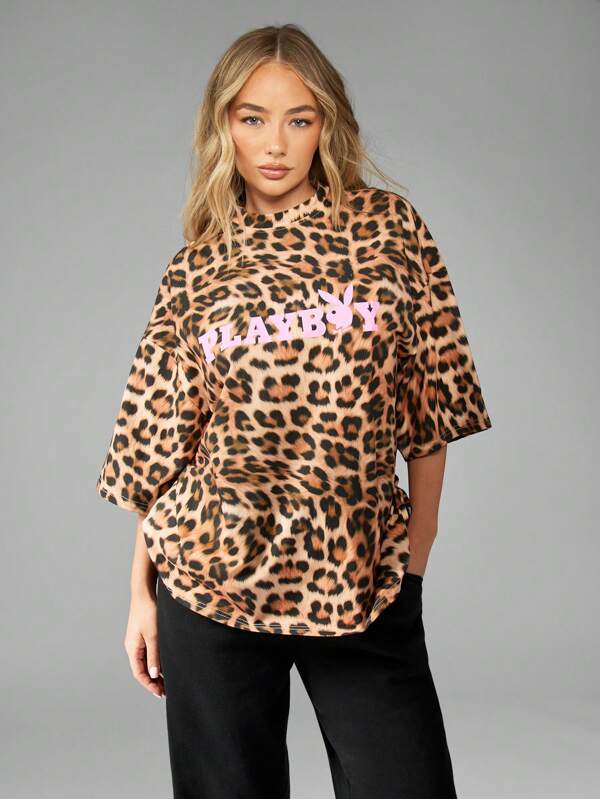 missguided Missguided x Playboy Statement Oversized Leopard Print T-Shirt