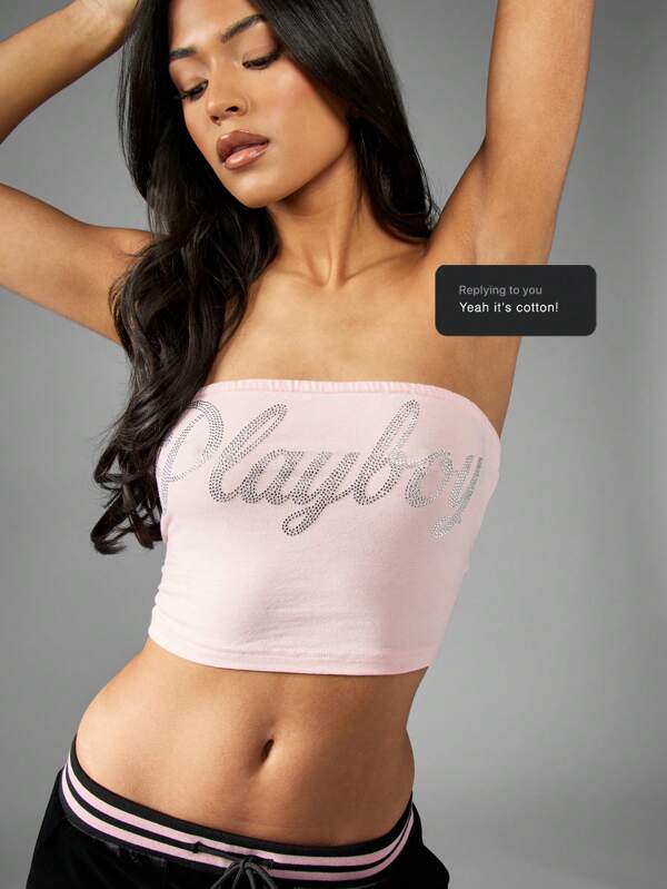missguided Missguided x Playboy Strapless Bandeau Tube Crop Top Rhinestone Logo