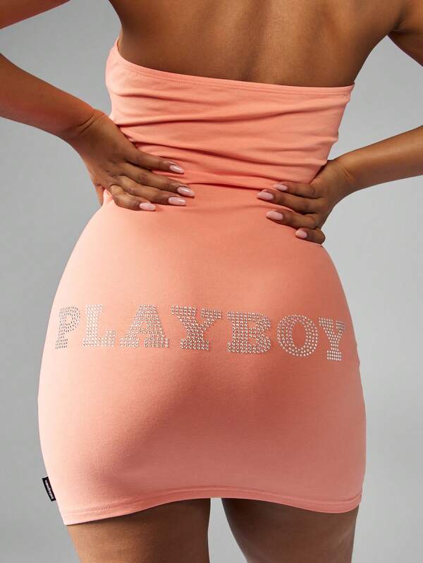 Missguided Missguided X Playboy Strapless Bodycon Mini Dress With Rhinestone Detail Form Fitting