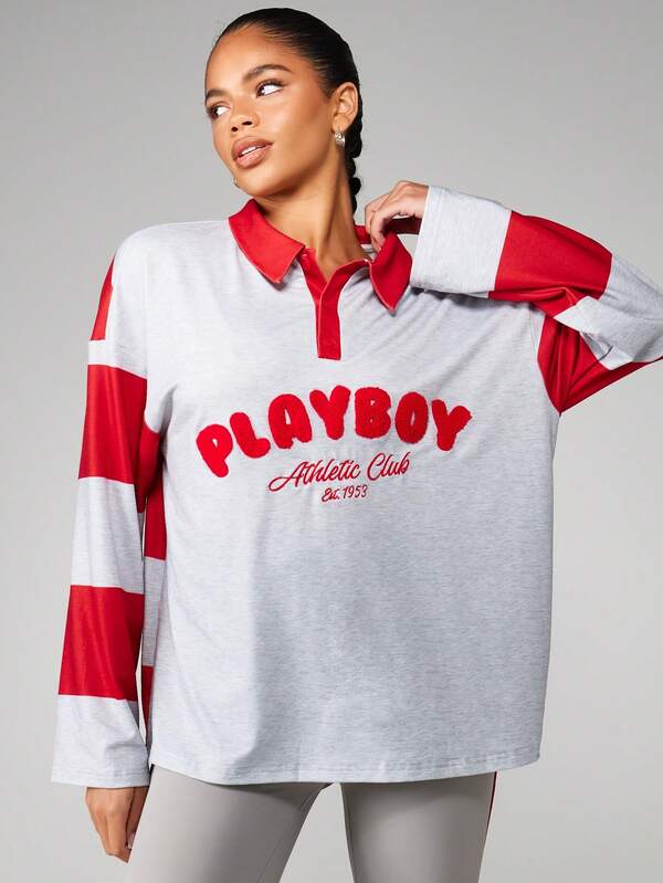 missguided Missguided x Playboy Stripe Color Block Polo With Athletic Print