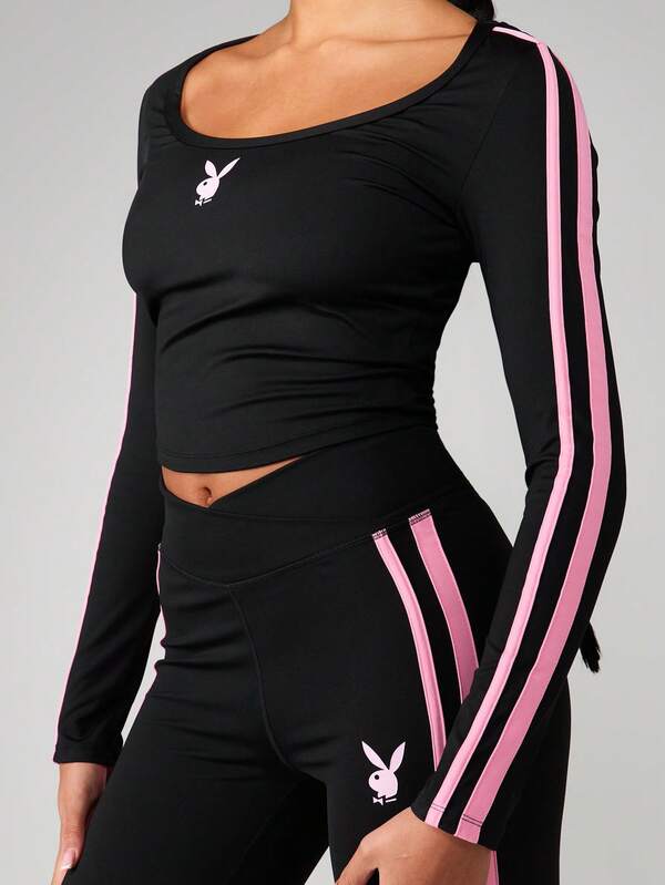 Missguided Missguided X Playboy Stripe Detail Long Sleeve Crop Top