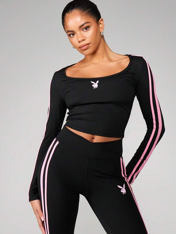 missguided Missguided x Playboy Stripe Detail Long Sleeve Crop Top