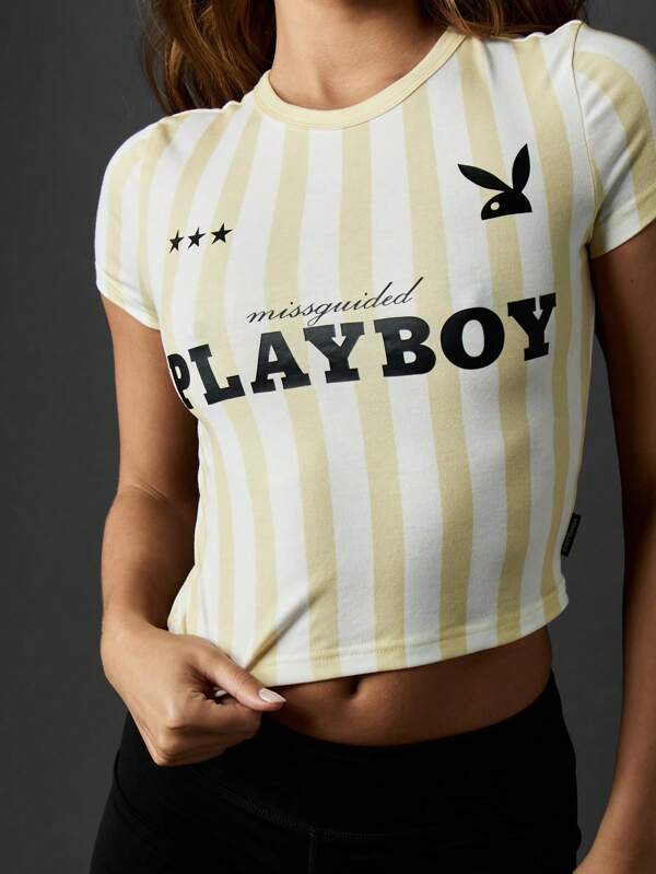 Missguided Missguided X Playboy Striped Baby Tee With Logo And Stars