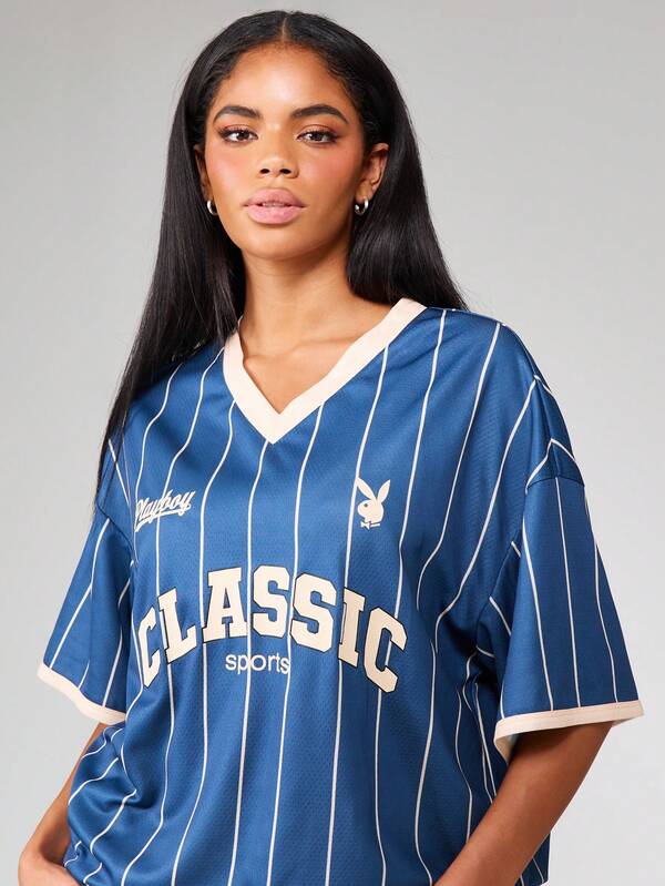 Missguided Missguided X Playboy Striped Baseball Jersey With Number Print