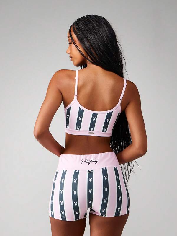 Missguided Missguided X Playboy Striped Bralette And Shorts Set With Bunny Print