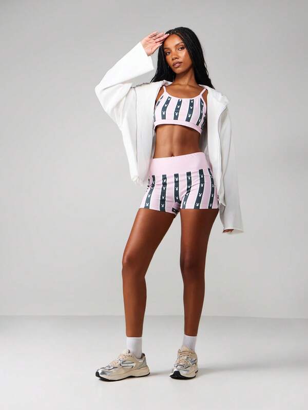 Missguided Missguided X Playboy Striped Bralette And Shorts Set With Bunny Print