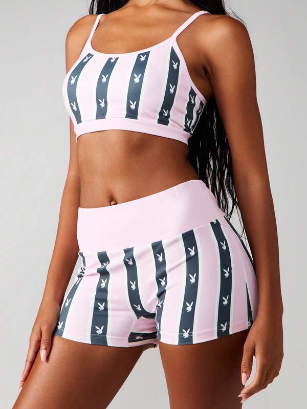 missguided Missguided x Playboy Striped Bralette And Shorts Set With Bunny Print