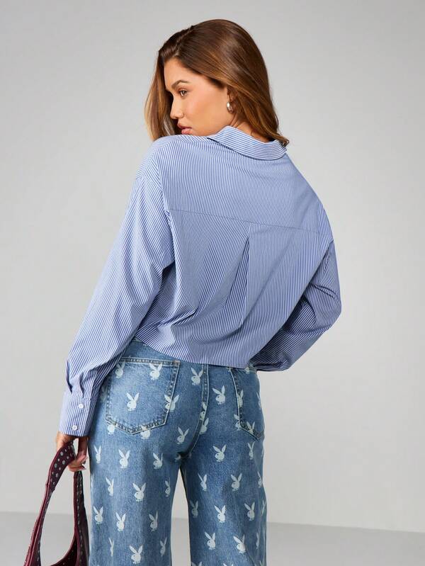Missguided Missguided X Playboy Striped Collared Cropped Button Shirt