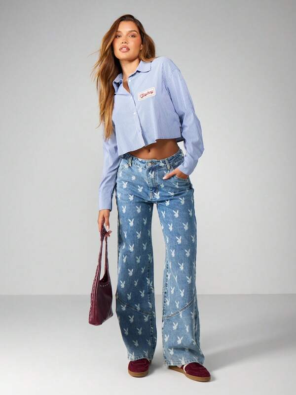 Missguided Missguided X Playboy Striped Collared Cropped Button Shirt