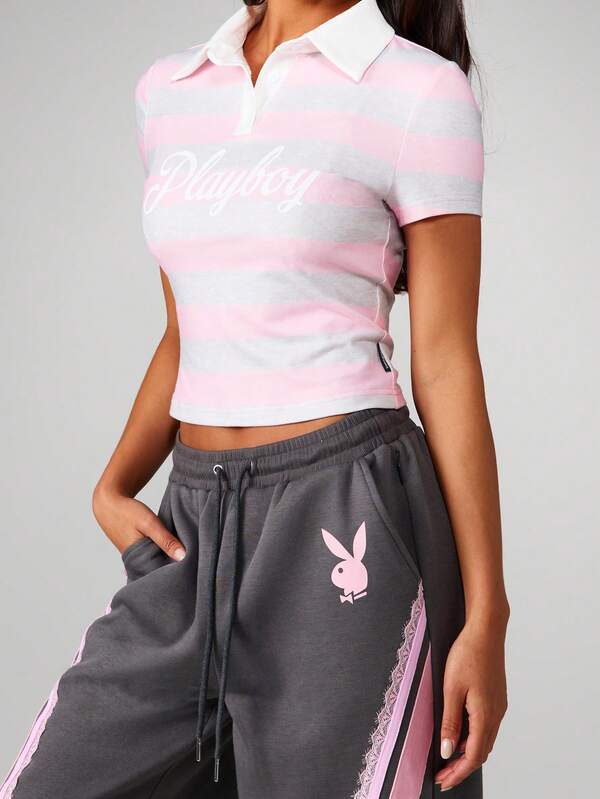Missguided Missguided X Playboy Striped Collared Polo Shirt With Button Front