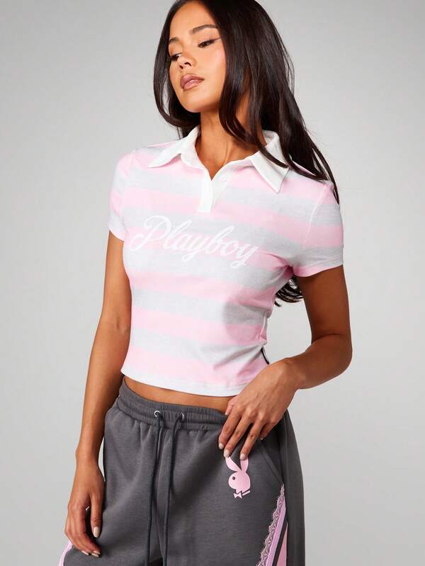 missguided Missguided x Playboy Striped Collared Polo Shirt With Button Front