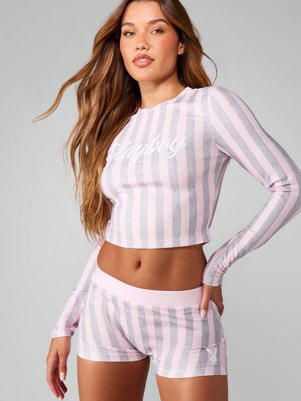 Missguided Missguided X Playboy Striped Crop Top With Shorts Set
